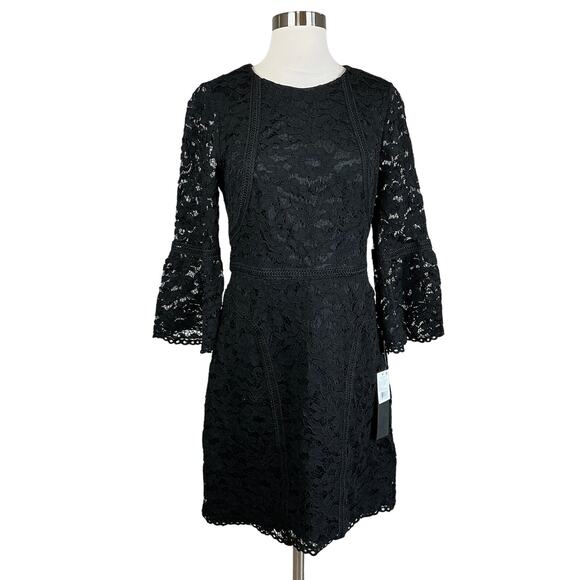 Adrianna Papell Lace Long Sleeve Sheath Cocktail Dress Black Size 6 Mini - Picture 1 of 14